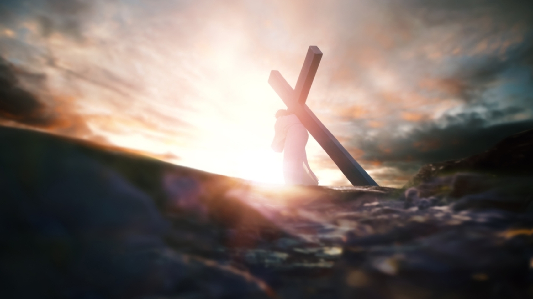 Calvary,Golgotha,Hill,Red,Sky,,Bright,Light,And,Jesus,Carrying