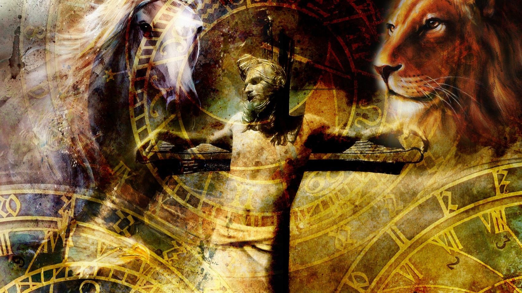 interpretation of Jesus on the cross and animals and zodiac, graphic painting version. Sepia effect.