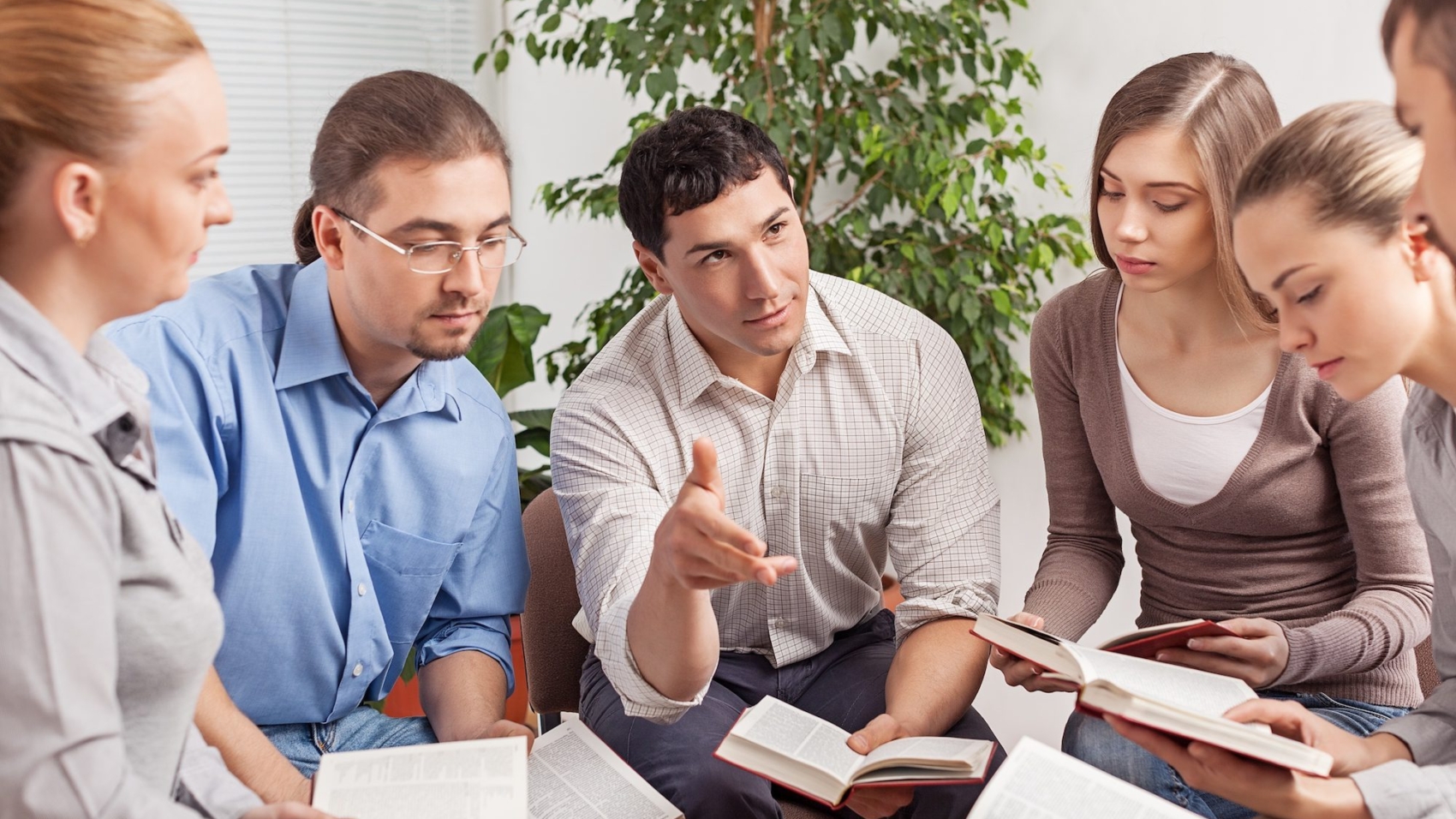 Group, book, studying.