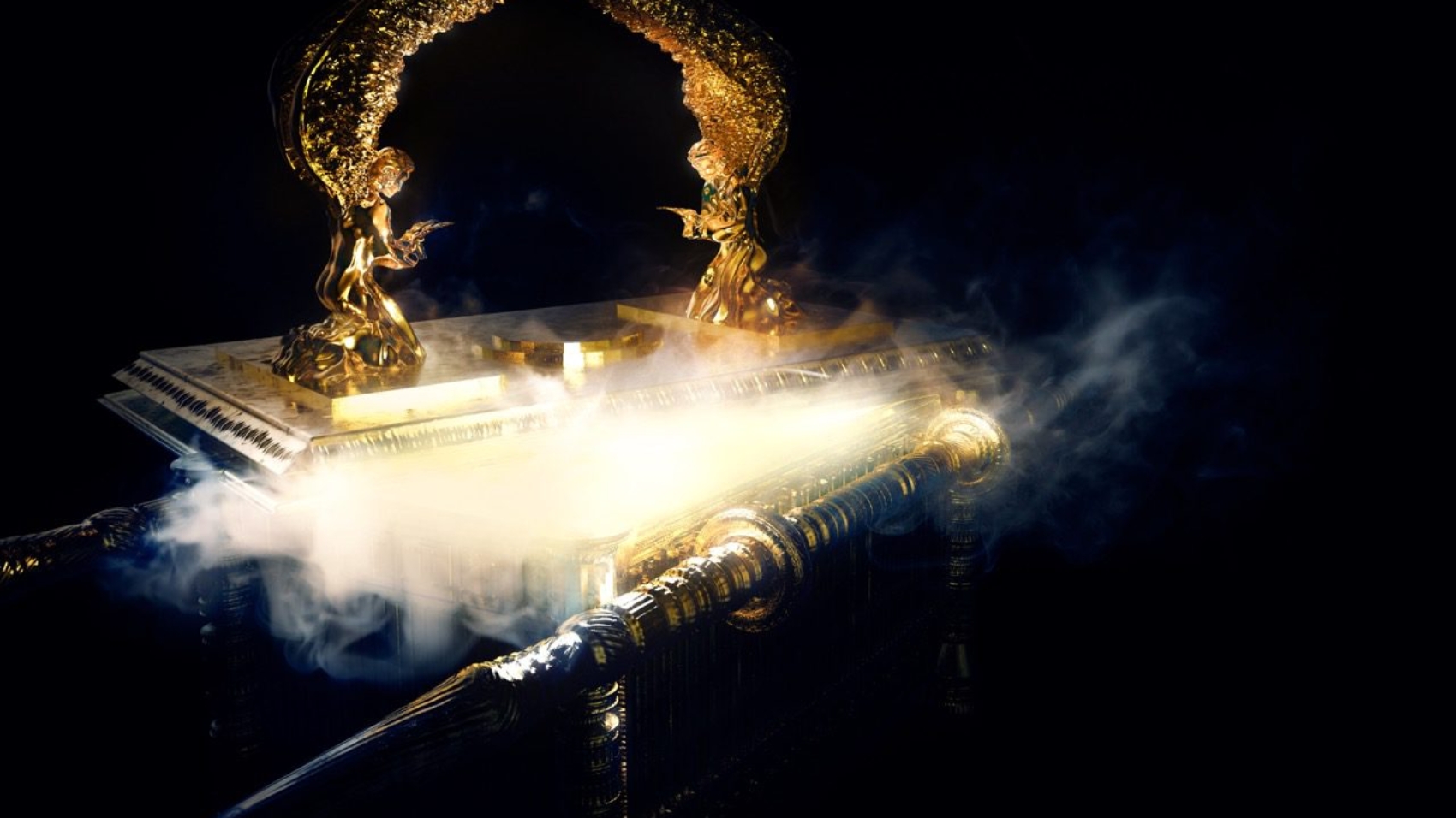 ark of the covenant with its lid open and smoke coming out on a dark background / 3D illustration