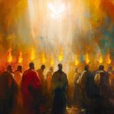 The disciples receive the Holy Spirit with tongues of fire over their heads.