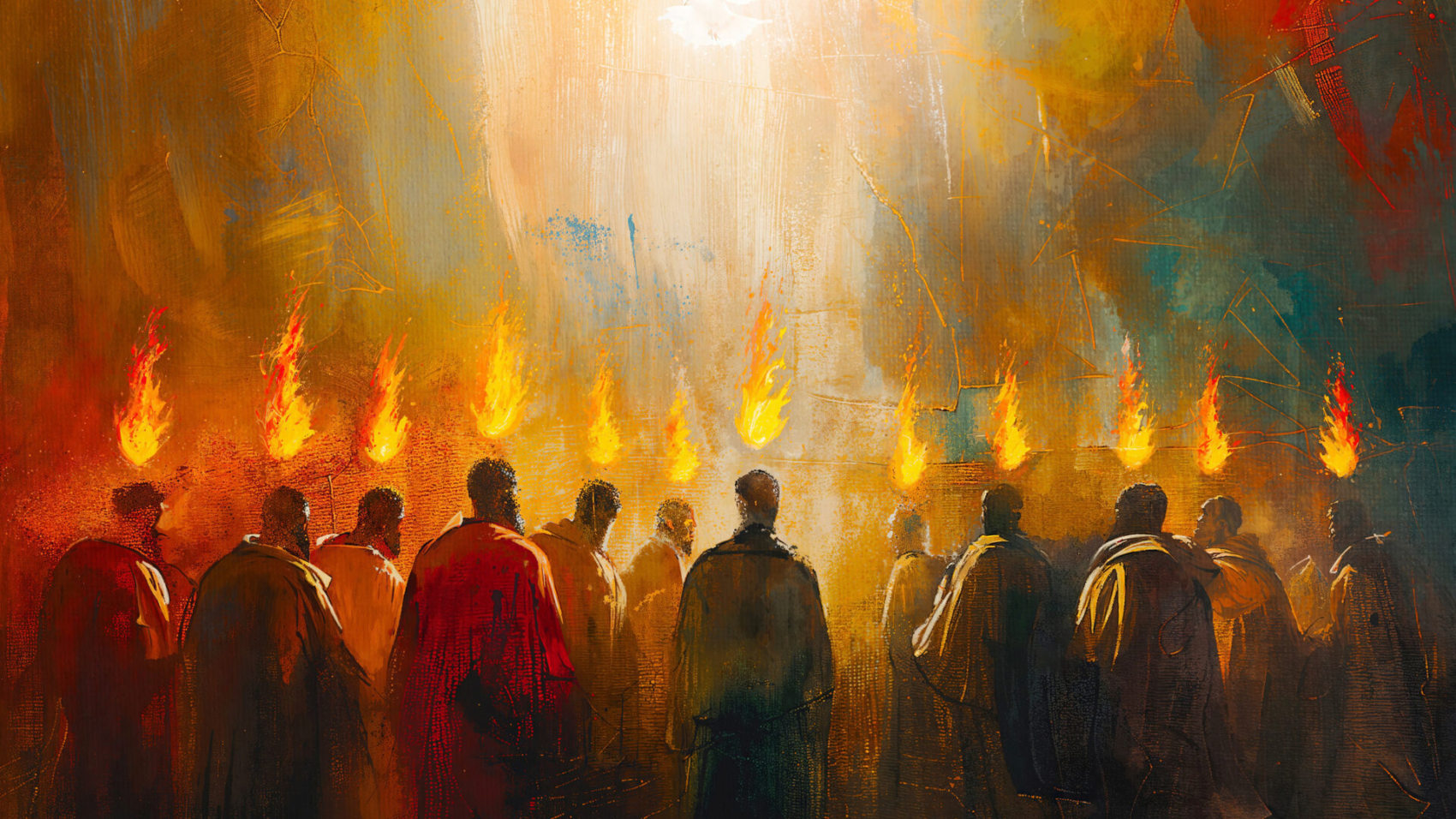 The disciples receive the Holy Spirit with tongues of fire over their heads.